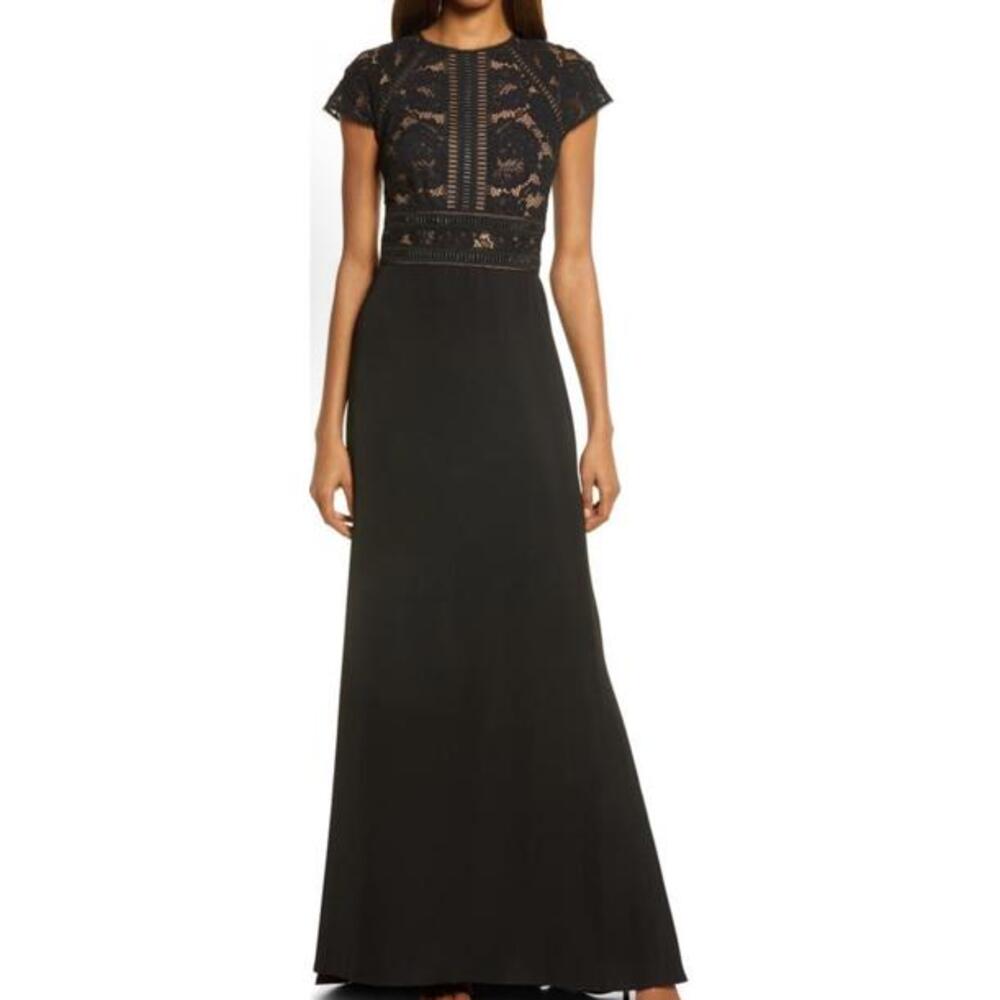 New Tadashi Shoji Lace & Crepe A-Line Gown In Black/ Nude Sz 14 $358